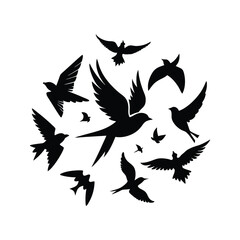 Flying Birds Silhouette Vector Collection, irds in Flight Silhouette Icons Vector Set.
