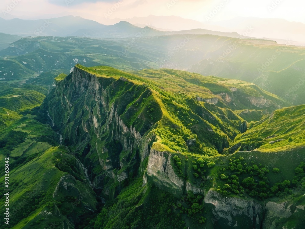 Poster a mountain range with a green hillside and a river running through it. the sky is cloudy and the sun