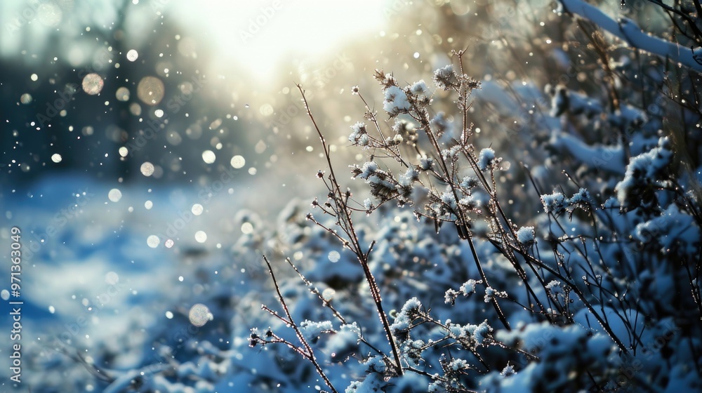 Poster a snowy field with a few branches and some snow on them. the snow is falling and the sun is shining 