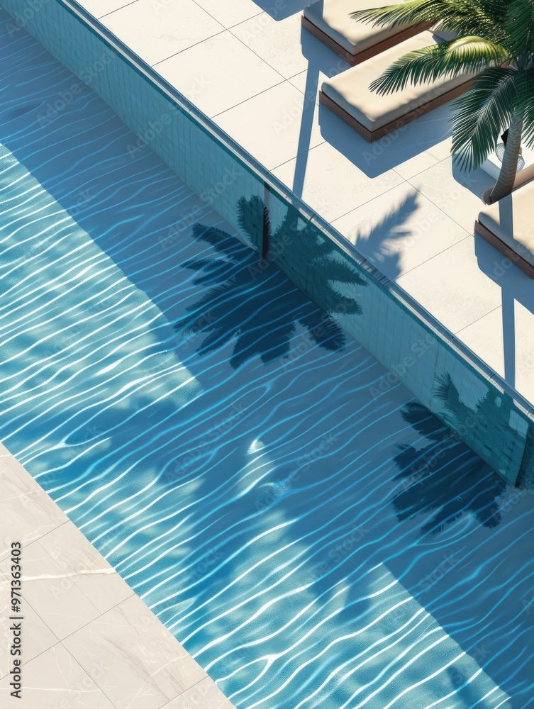 Poster a pool with a palm tree in the background. the pool is blue and has a white tile floor. there are tw