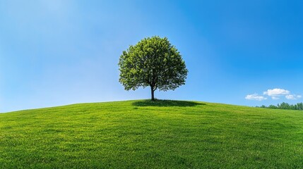 Fototapeta premium A tree is standing in a grassy field with a clear blue sky above it. Concept of tranquility and peace, as the tree stands alone in the vast open space