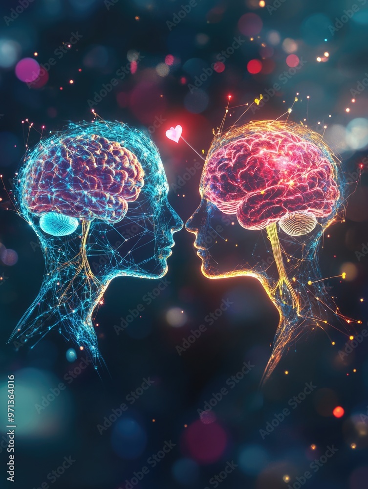 Poster two brains are shown in a close up, with one of them having a heart on it. concept of love and conne