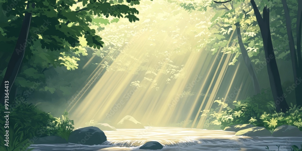 Poster sunlight filtering through trees by river.