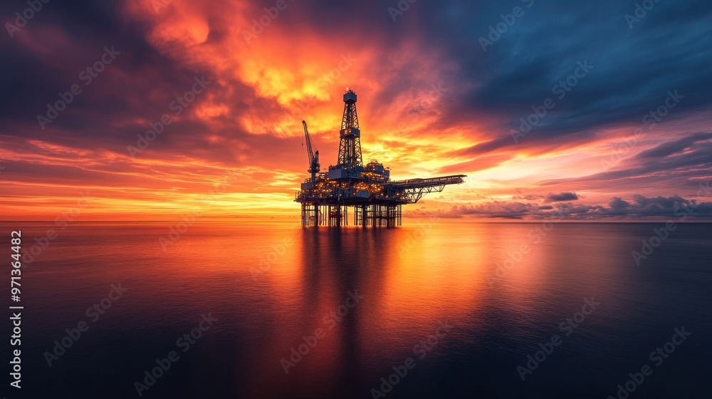 Wall mural A sunset over the ocean with a large oil rig in the water