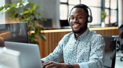 Naklejka premium portrait of a male tech support worker sitting in modern office working on laptop