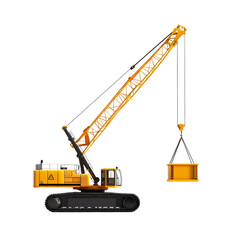 A yellow crane lifting a large, rectangular object. The crane is on tracks and has a long, extendable boom.