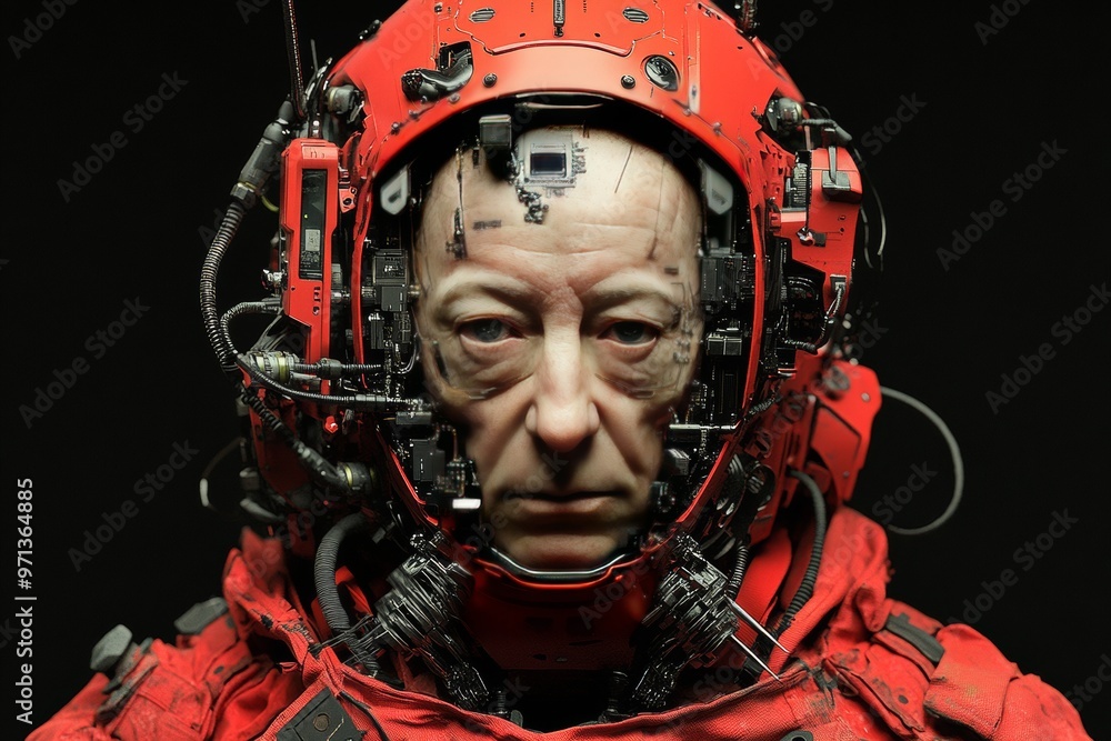 Poster Neuroprosthetics robotic automation autonomous systems sensory fusion and synthetic biology man in red cybernetic suit with mechanical components symbolizing ai human integration in the future