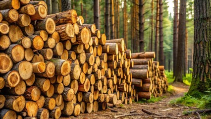 A neat stack of chopped logs sitting among the trees in the forest