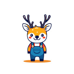 Naklejka premium Cute cartoon deer wearing overalls, standing on a yellow circle. Perfect for children's books, clothing, and more.