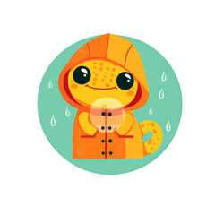 Fototapeta premium Cute cartoon lizard wearing a yellow raincoat in the rain.