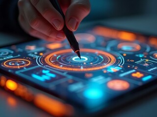 Obraz premium A close-up of a digital interface on a tablet screen with a stylus in hand. The screen displays intricate glowing orange and blue holographic elements, resembling a futuristic dashboard