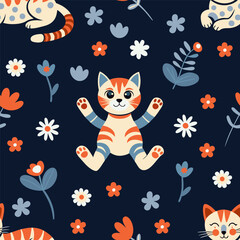 cute bright cats on a blue background. seamless pattern