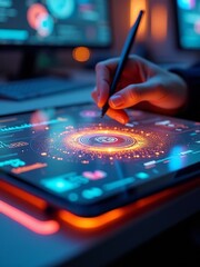 Obraz premium A close-up of a digital interface on a tablet screen with a stylus in hand. The screen displays intricate glowing orange and blue holographic elements, resembling a futuristic dashboard