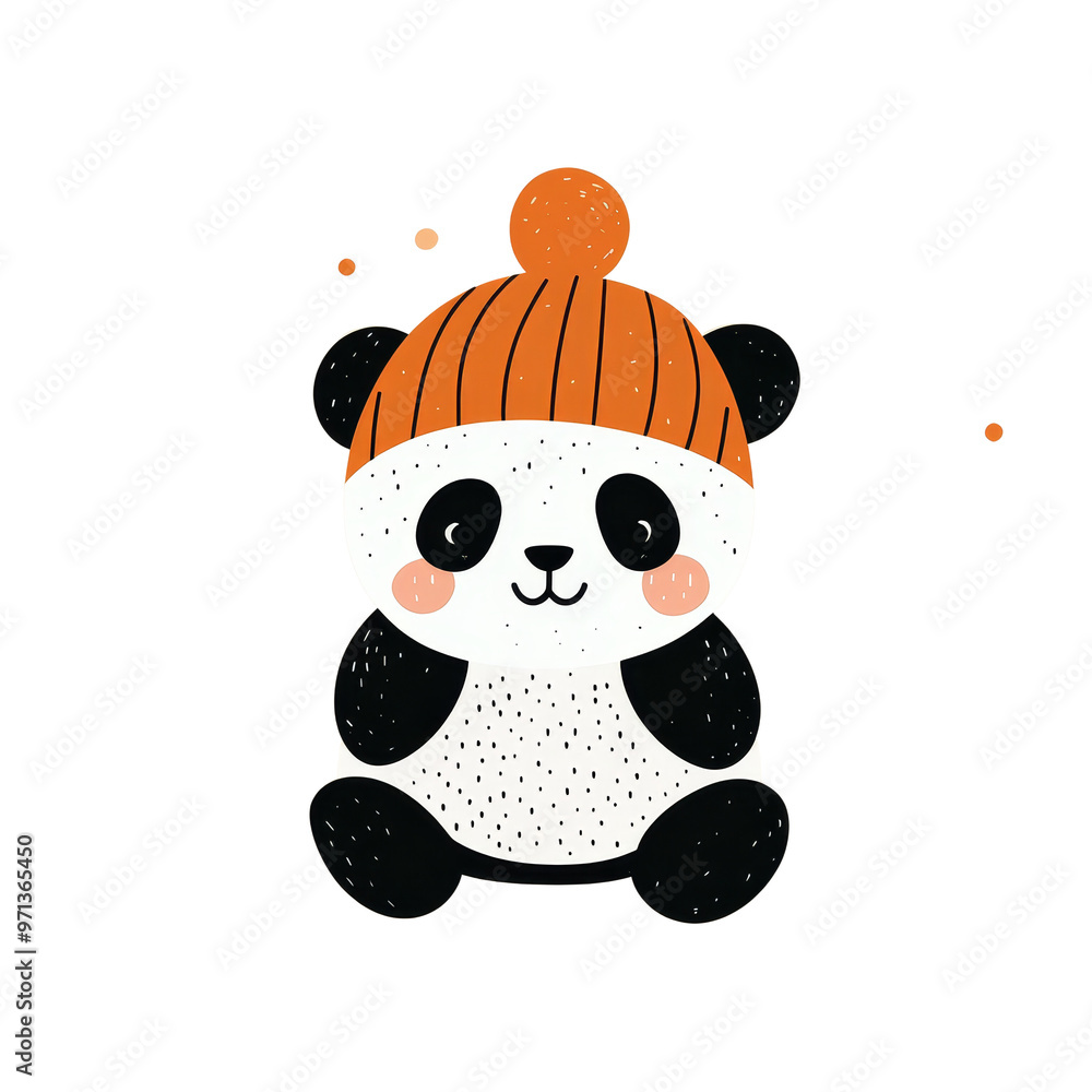 Wall mural cute panda wearing an orange beanie hat with a happy expression.