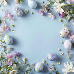 Happy Easter. Frame composition spring flowers Easter eggs. Easter background copy space. Flat lay