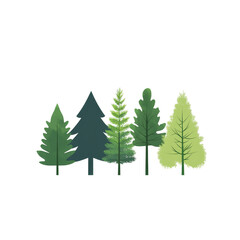 Obraz premium Five stylized green pine trees stand in a row against a black background.