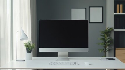 Minimalist office workspace  white desk with large monitor for enhanced efficiency and organization