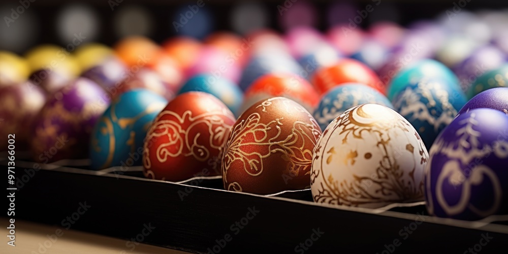 Poster a tray of colorful eggs with gold designs on them. the eggs are arranged in a row and are of various