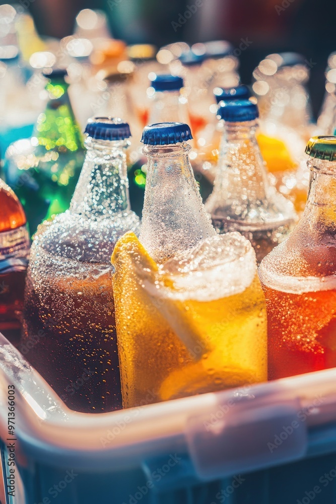 Poster a cooler full of bottles of soda and lemonade. the bottles are all different colors and sizes