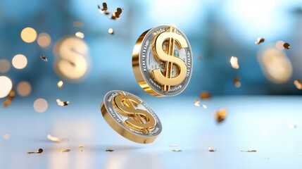 Golden Payday Celebration Banner with Confetti - 3D Illustration of Dollar Signs for Pay Day Festivity