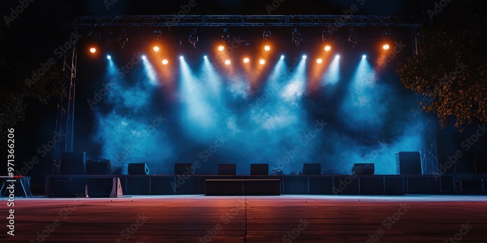Poster a stage with a large number of lights and a fog machine