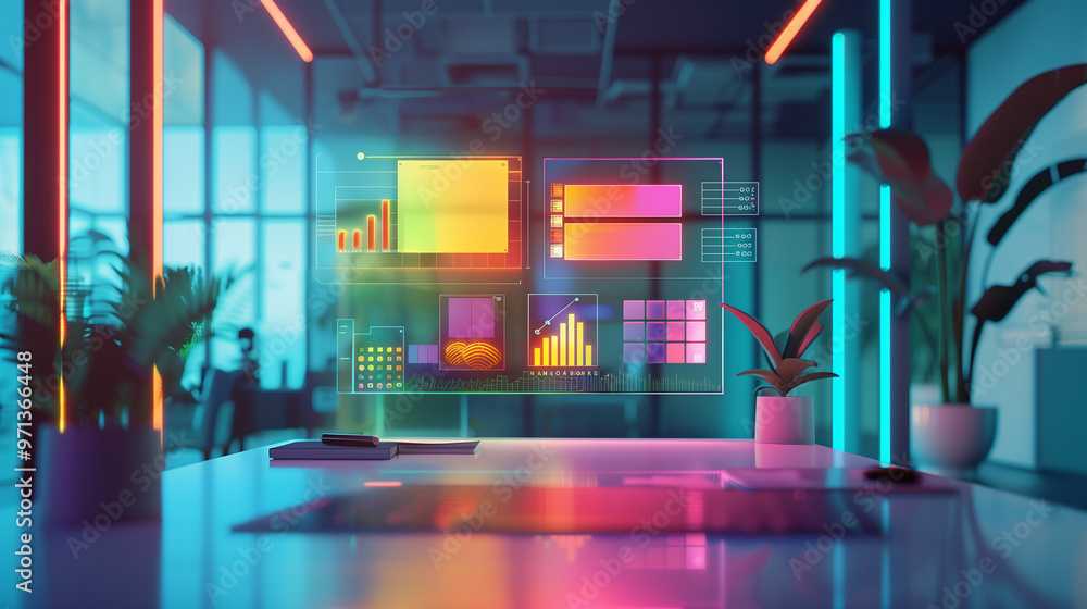 Poster digital process to increase work productivity concept visualization through virtual display of icons