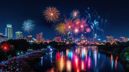 Fototapeta premium A city skyline is lit up with fireworks