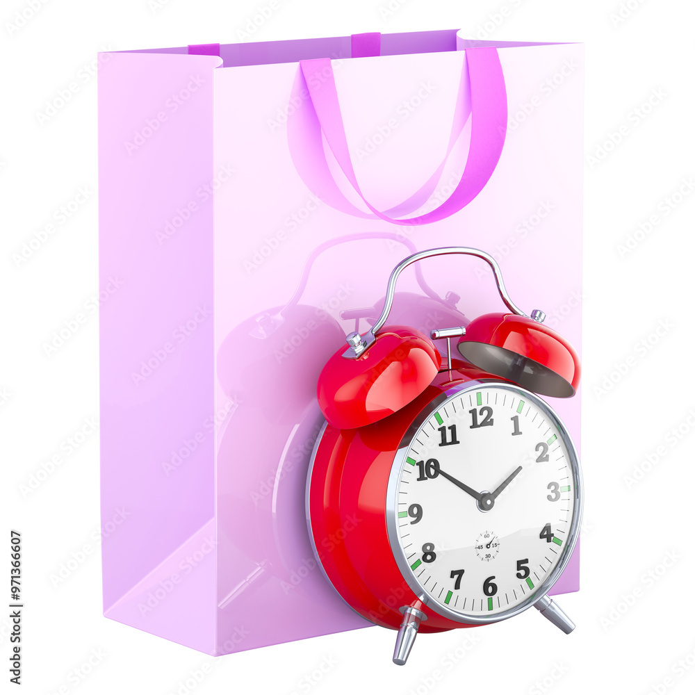 Poster shopping bag with alarm clock, 3d rendering isolated on transparent background