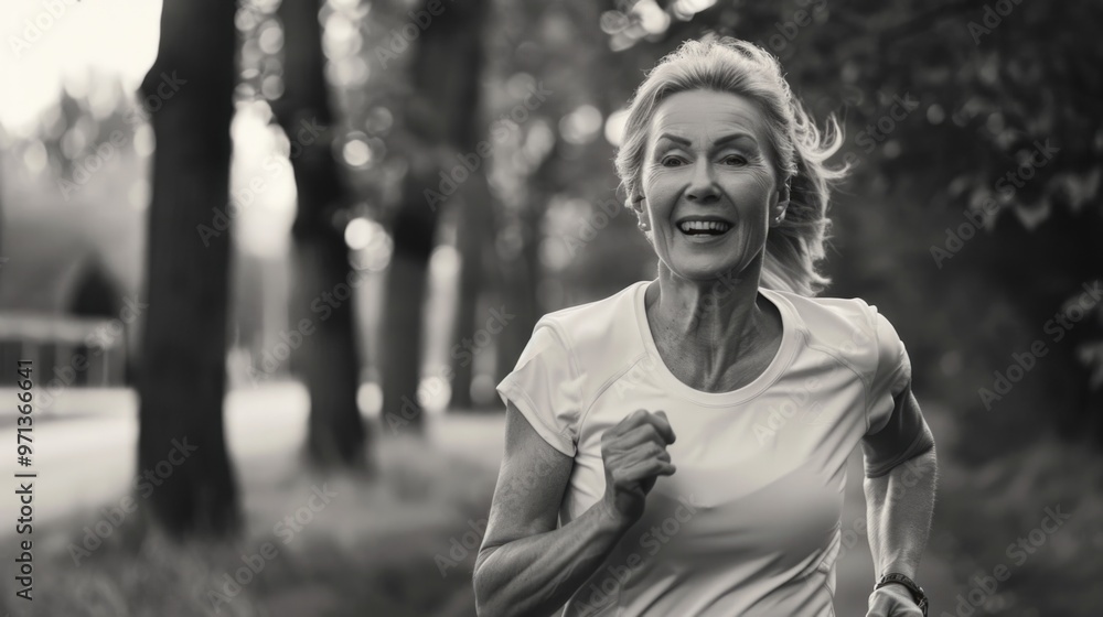 Poster a woman is running in a park with trees in the background. she is smiling and she is enjoying hersel