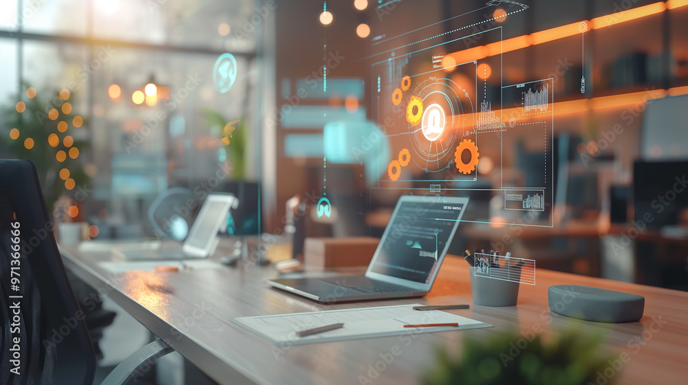 Poster digital process to increase work productivity concept visualization through virtual display of icons