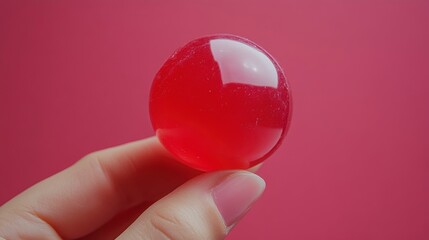 A hand holding a shiny, red gelatin sphere against a pink background.