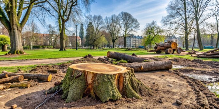 A landscape view of the removal of a diseased old tree trunk in a public park during early spring