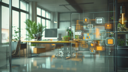 digital Process to increase work productivity concept visualization through virtual display of icons in modern office, digital management technology