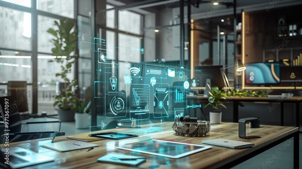 Poster digital process to increase work productivity concept visualization through virtual display of icons