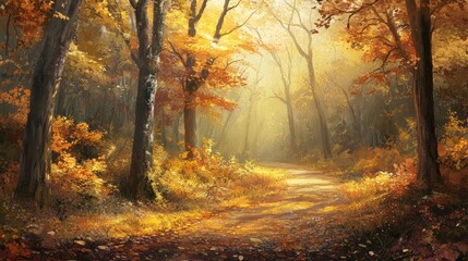 Obraz premium A painting of a forest with trees in autumn colors
