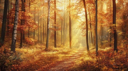 A painting of a forest with trees in autumn colors