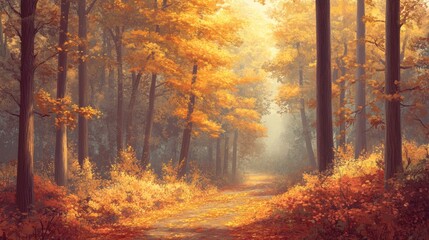 Obraz premium A painting of a forest with trees in autumn colors