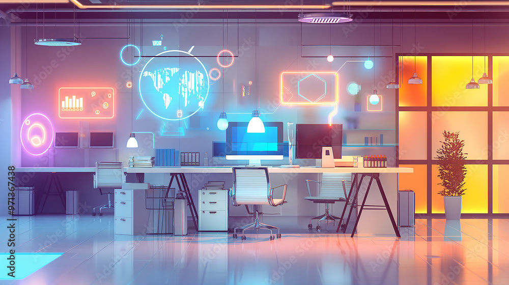 Poster digital process to increase work productivity concept visualization through virtual display of icons
