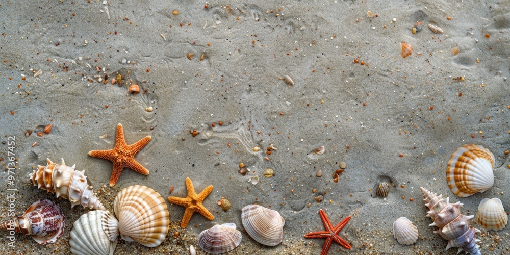 Poster a beach scene with a variety of shells and starfish scattered across the sand. the shells and starfi