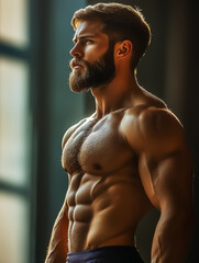 Inspirational side profile of a muscular man, belly muscles, ideal for fitness, health promotions, or motivational content.