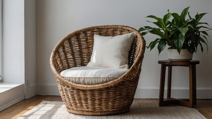 Fototapeta premium Comfortable wicker chair with white cushion in a minimalist living area, next to a potted plant and a small wooden side table. 