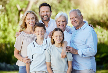 Portrait, happy big family and generations outdoor on holiday together for support, bonding or love. Face, mother and father with children, grandparents and people in nature with siblings on vacation