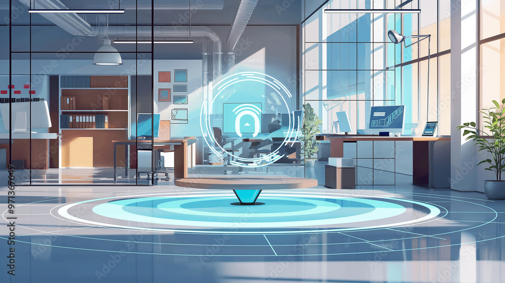 Poster digital process to increase work productivity concept visualization through virtual display of icons