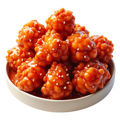 3D Korean fried chicken on plate recipe isolated (PNG). Korean street food menu 3d icon. Realistic korean food 3d icon. Sweet and spicy chicken wings 3d icon. Sweet Crispy Korean Fried Chicken 3d icon