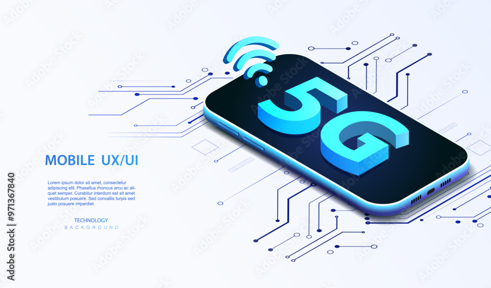 Poster 5g internet network communication with mobile phone banner. wireless hi-speed on circuit board isome