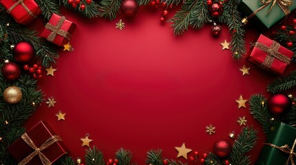 A red background with a Christmas tree and presents