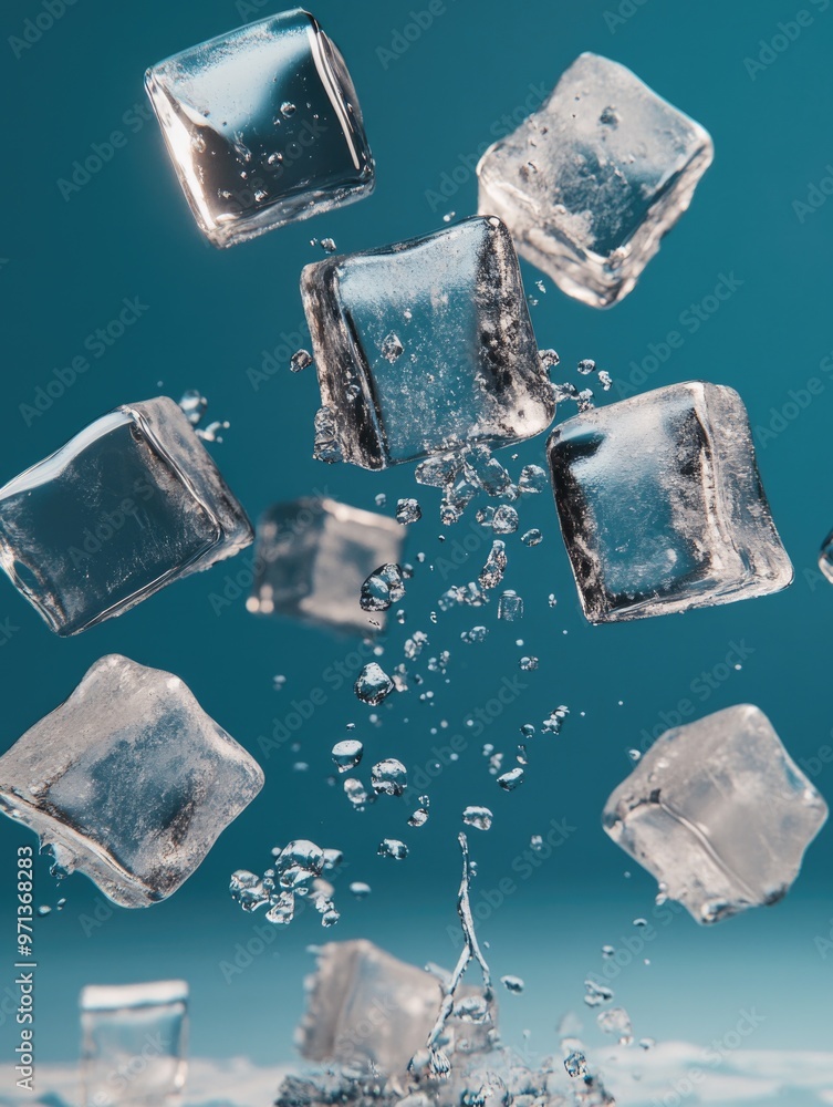 Poster a bunch of ice cubes are falling from the sky. concept of coldness and chilliness, as the ice cubes 