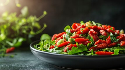 A vibrant salad featuring goji berries and greens, showcasing healthy eating.