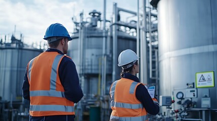 Workers in safety gear inspecting biogas storage tanks in a modern plant, with safety signs and machinery in the background
