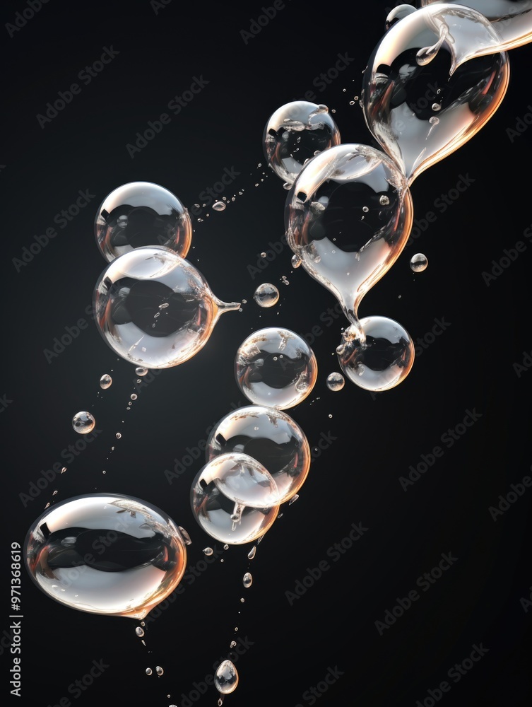Poster a series of bubbles in a black background. the bubbles are all different sizes and are floating in t
